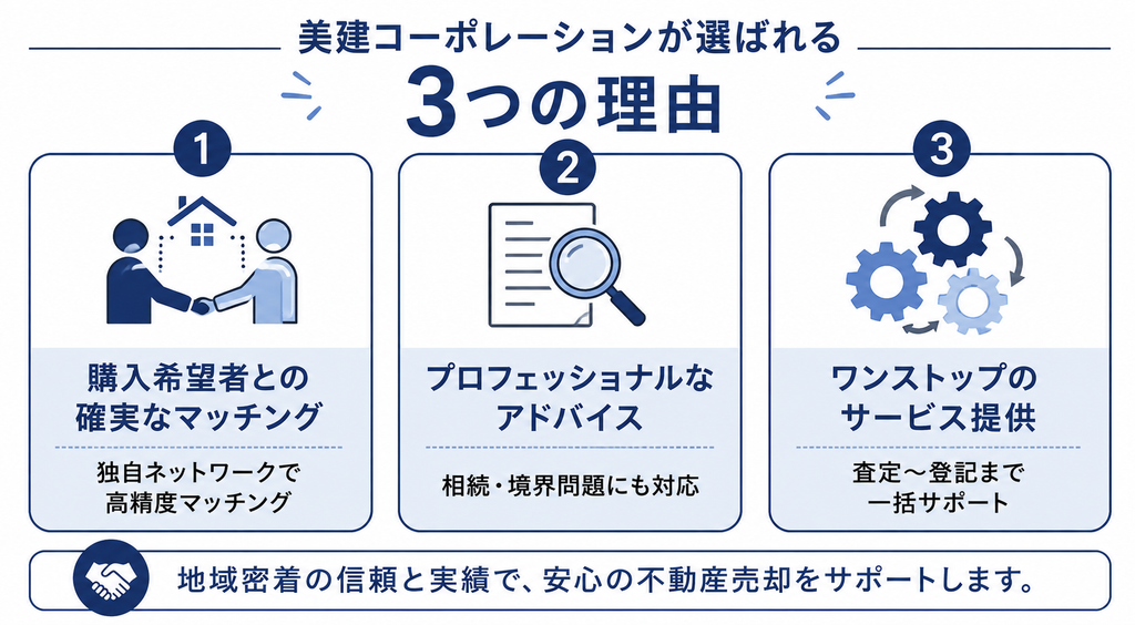 美建コーポレーションが選ばれる3つの理由を示す図