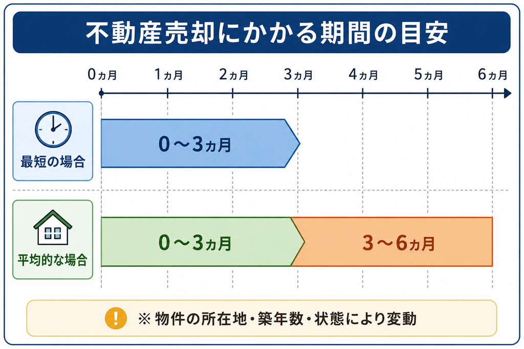 不動産売却にかかる期間の目安を0〜6ヵ月の時間軸で示した図