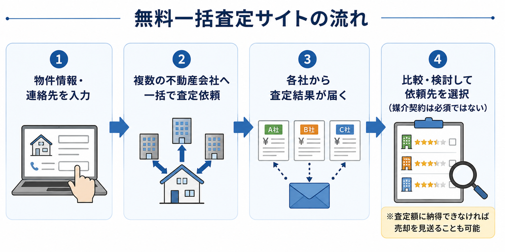 無料一括査定サイトを利用する流れを4ステップで示した図