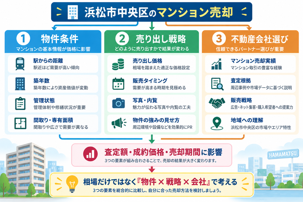 浜松市中央区のマンション売却について、駅からの距離や築年数などの物件条件、売り出し価格や販売タイミングなどの売却戦略、不動産会社の実績や査定根拠などの3要素が、査定額・成約価格・売却期間に影響することを示した図解。