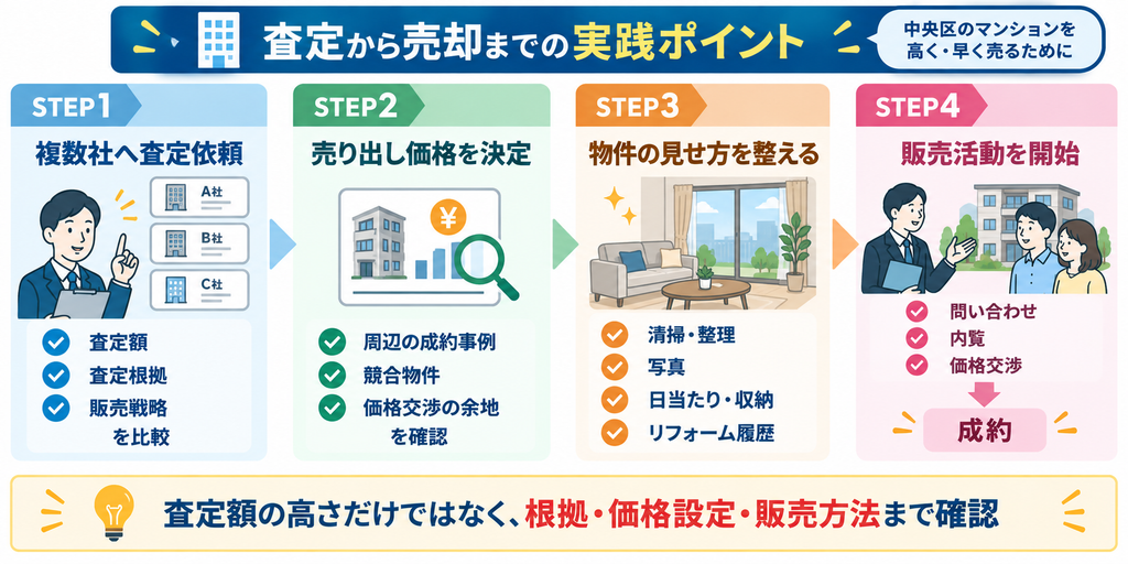 マンション売却で、複数社の査定額・査定根拠・販売戦略を比較し、周辺の成約事例などから売り出し価格を決め、清掃や写真など物件の見せ方を整えて、問い合わせ・内覧・価格交渉から成約へ進む4ステップを示した図解。
