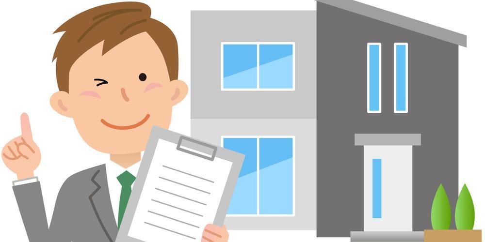 住宅を背景に説明する不動産営業マンのイラスト