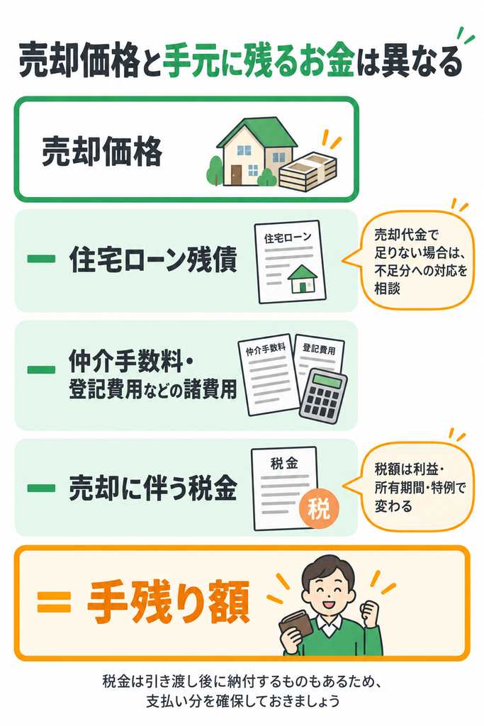家の売却価格から住宅ローン残債、仲介手数料などの諸費用と税金を差し引いて手残り額を計算する仕組み図解