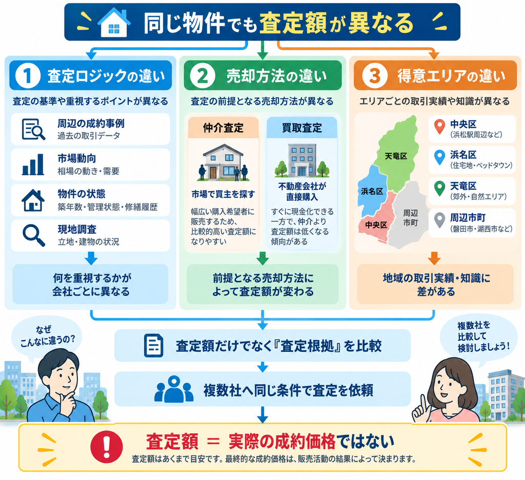 同じ物件でも不動産会社によって査定額が異なる理由として、査定ロジック、仲介・買取などの売却方法、得意エリアの違いを示し、査定額だけでなく査定根拠を複数社で比較する重要性をまとめた図解。