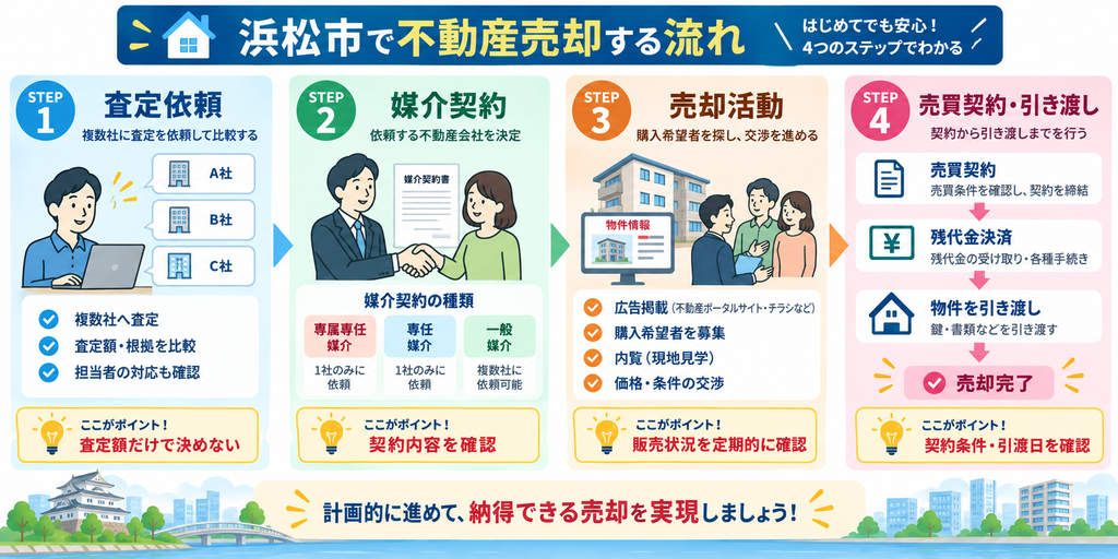 浜松市で不動産を売却する際の流れを、複数社への査定依頼、媒介契約、広告・内覧などの売却活動、売買契約・残代金決済・引き渡しの4ステップで示し、各段階の確認ポイントをまとめた図解。