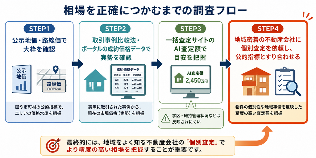 不動産の相場を正確につかむまでの4ステップを示すフロー図