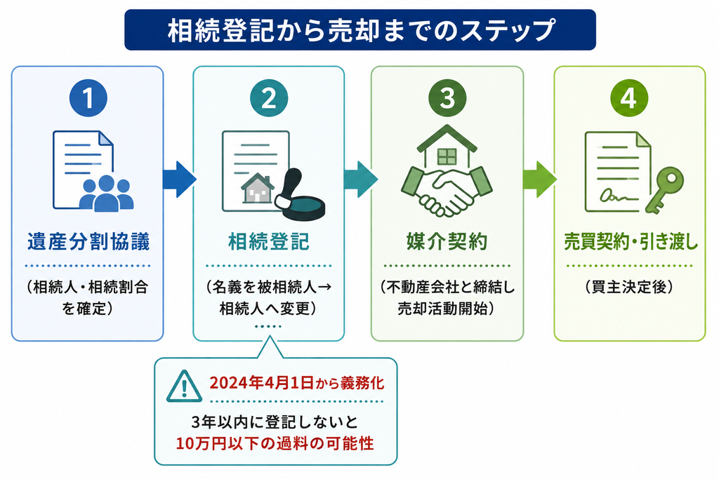相続した不動産を売却するまでの4ステップを示す図