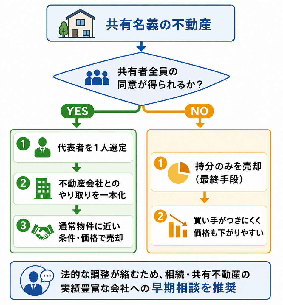 共有名義の不動産を売却する際の対応を示す分岐図