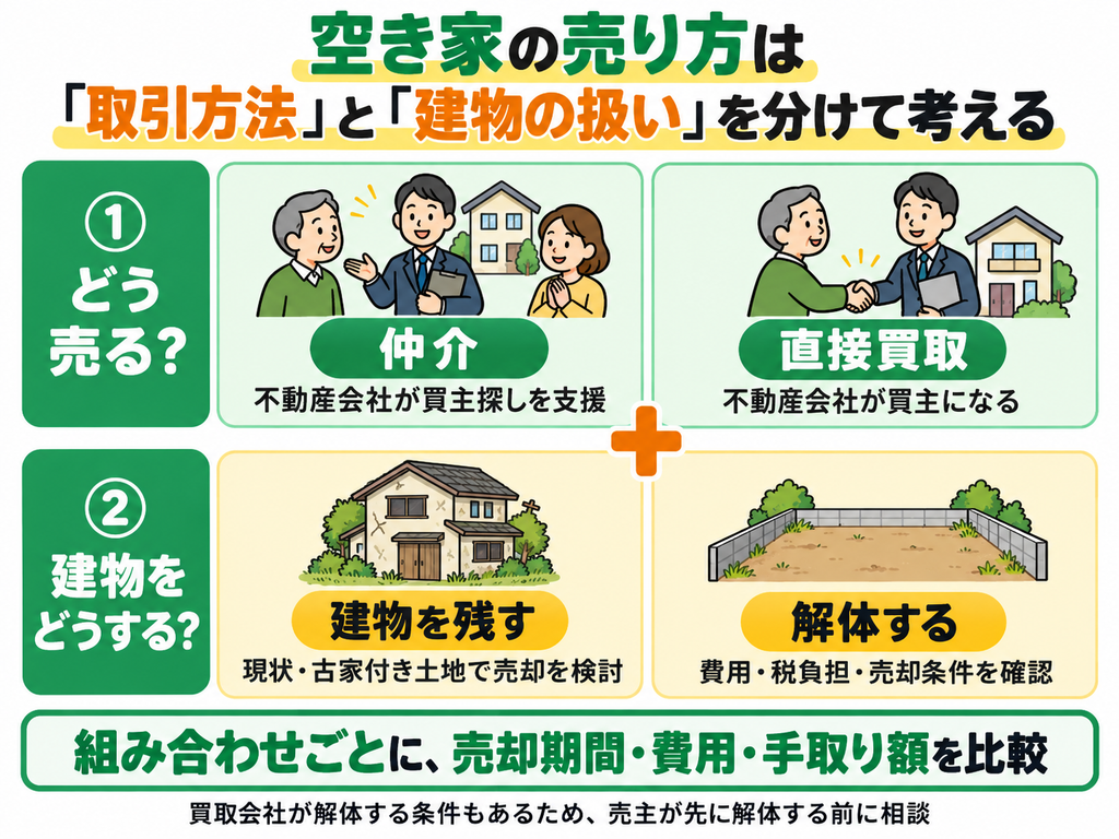 空き家の売却で仲介・直接買取と建物を残す・解体する選択肢を組み合わせ、期間や費用、手取り額を比較する図解
