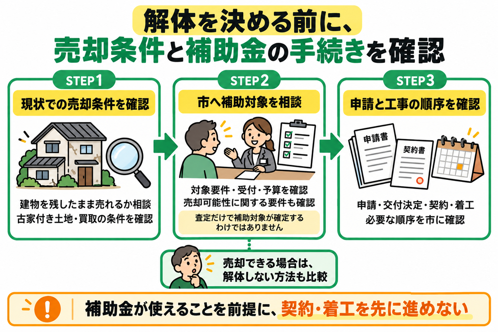 空き家の解体前に現状での売却条件を調べ、市へ補助対象を相談して、申請と契約・着工の順序を確認する手順の図