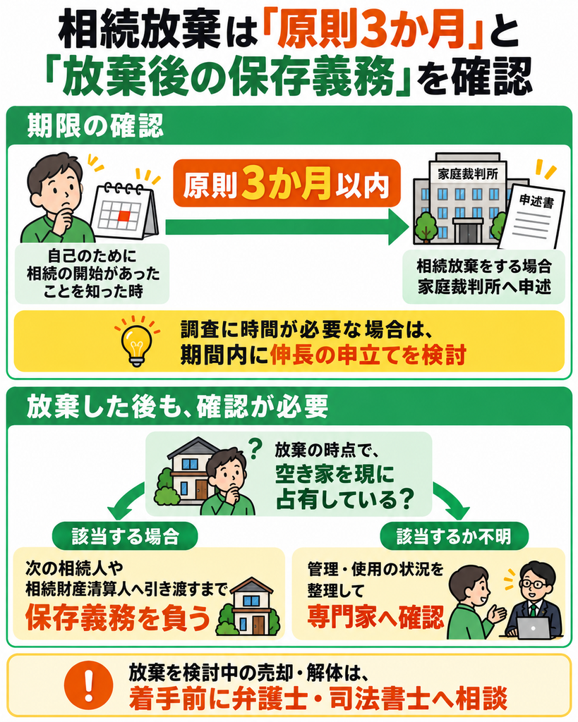 相続放棄の原則３か月の期限と、放棄時に空き家を現に占有している場合の保存義務や専門家への確認を示した図解