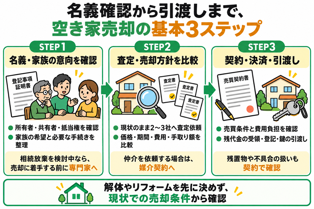 空き家の名義と家族の意向を確認し、複数社の査定で売却方針を比較して、契約・決済・引渡しへ進む3ステップ図